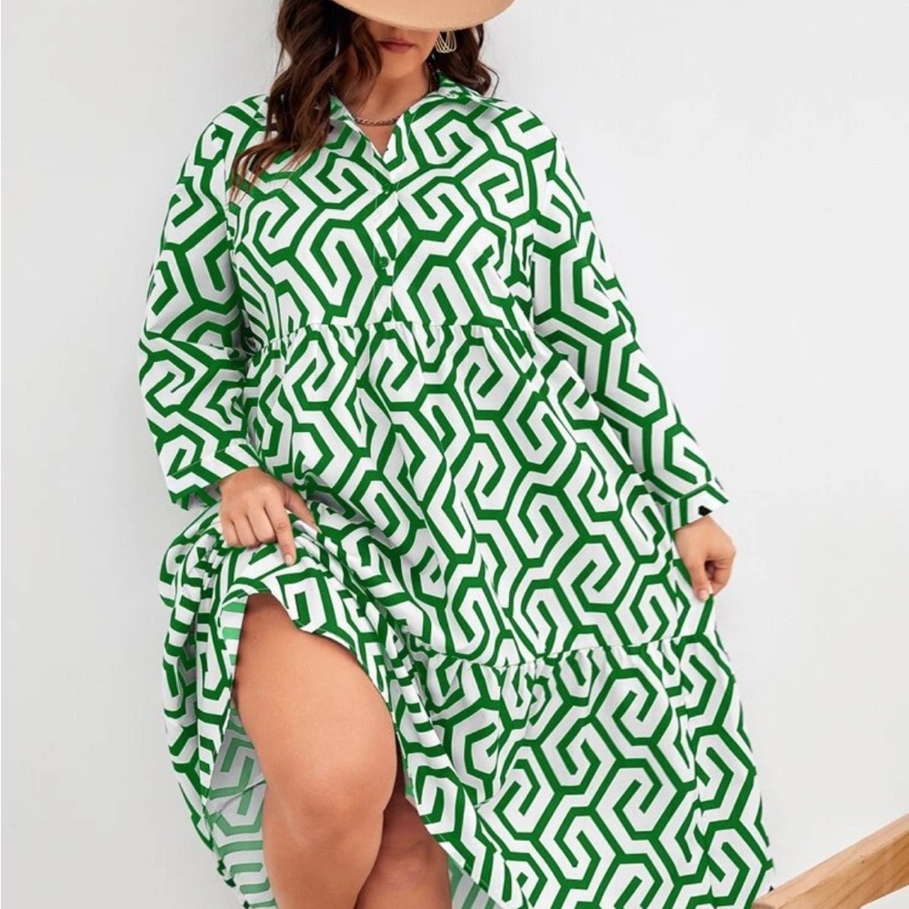 ✨ Emery Rose Green & White Geometric Midi Dress – 4XL ✨